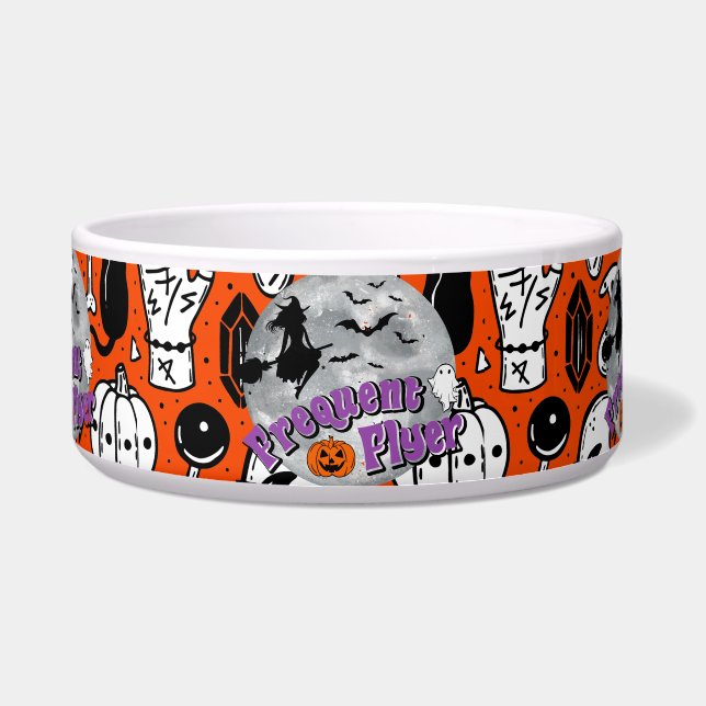 Frequent Flyer Halloween Witch Riding Broomstick  Bowl (Front)