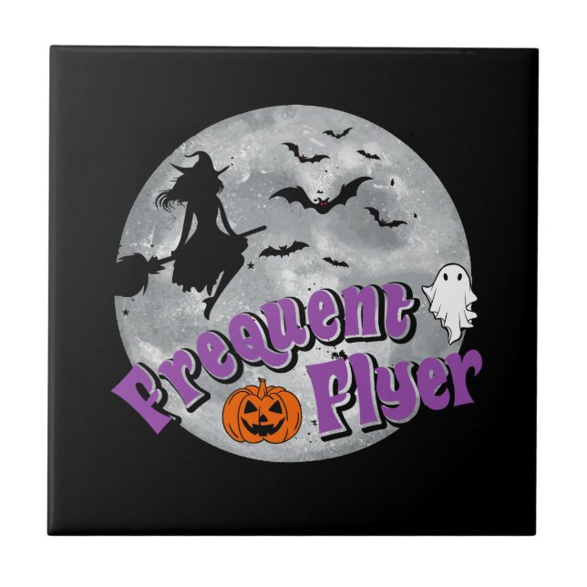 Frequent Flyer Halloween Witch Riding Broomstick  Ceramic Tile (Front)