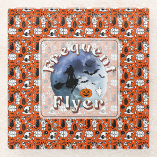 Frequent Flyer Halloween Witch Riding Broomstick Glass Coaster