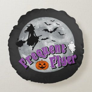 Frequent Flyer Halloween Witch Riding Broomstick  Round Pillow