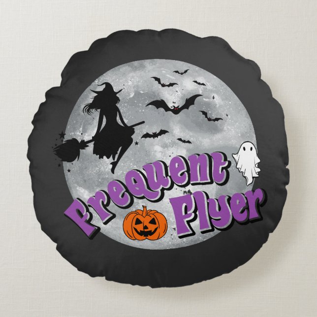 Frequent Flyer Halloween Witch Riding Broomstick  Round Pillow (Front)