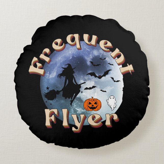 Frequent Flyer Halloween Witch Riding Broomstick Round Pillow (Front)