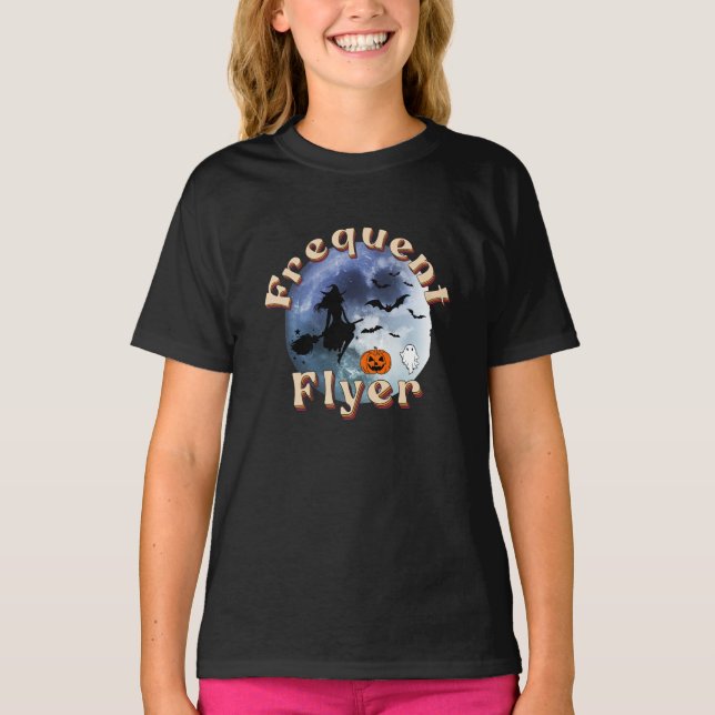 Frequent Flyer Halloween Witch Riding Broomstick T-Shirt (Front)