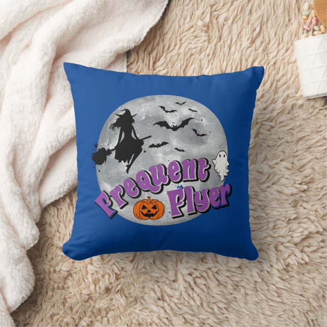 Frequent Flyer Halloween Witch Riding Broomstick  Throw Pillow (Blanket)