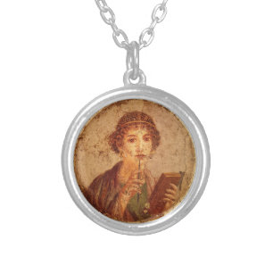 Fresco of Sappho in Pompeii Silver Plated Necklace