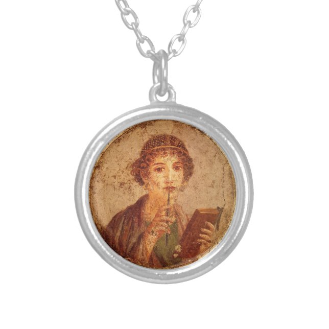 Fresco of Sappho in Pompeii     Silver Plated Necklace (Front)
