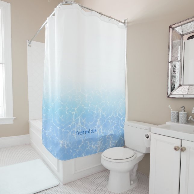 Fresh and clean, clear blue water edge shower curtain (In Situ)