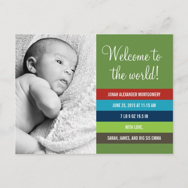 Fresh and Colorful Birth Announcement - Baby Boy Postcard (Front)