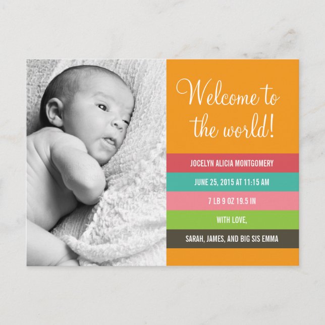 Fresh and Colorful Birth Announcement - Baby Girl (Front)