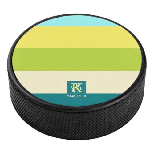 Fresh and Happy Colorful Stripes Monogram Hockey Puck