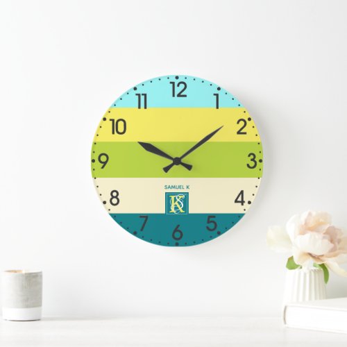 Fresh and Happy Colorful Stripes Monogram Large Clock