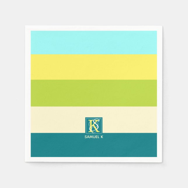 Fresh and Happy Colorful Stripes Monogram Paper Napkins (Front)