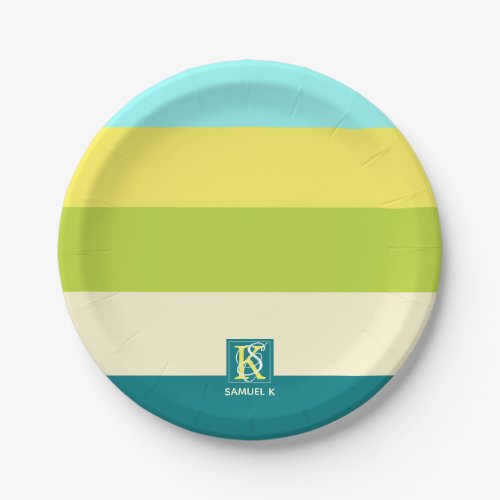 Fresh and Happy Colorful Stripes Monogram Paper Plates