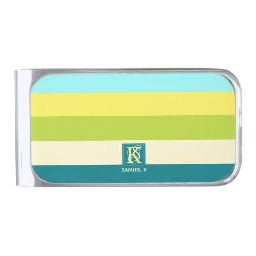 Fresh and Happy Colorful Stripes Monogram Silver Finish Money Clip