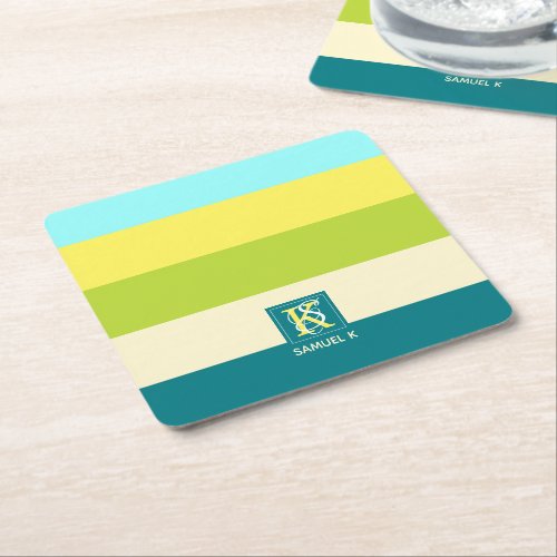 Fresh and Happy Colorful Stripes Monogram Square Paper Coaster