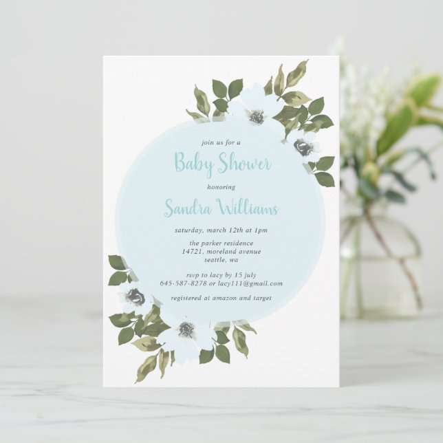 Fresh Anemone baby shower invitation_Blue Invitation (Standing Front)