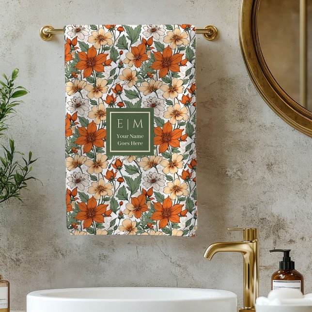 Fresh Autumn Floral Olive Rust Personalized Towel (Fresh Autumn Floral Olive Rust Personalized Towel)