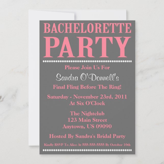 Fresh Bachelorette Party Invitations (Pink / Gray) (Front)