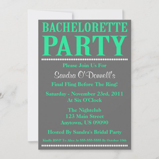 Fresh Bachelorette Party Invites (Sea Green/Gray) (Front)