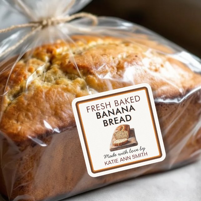 Fresh Baked Banana Bread Square Label Sticker (Fresh baked homemade banana bread loaf label stickers for bakery packaging)