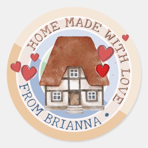 FRESH BAKED WITH LOVE Tudor House and Red Hearts Classic Round Sticker