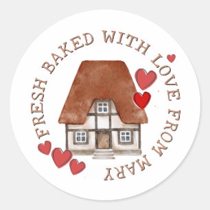 FRESH BAKED WITH LOVE Tudor House and Red Hearts Classic Round Sticker