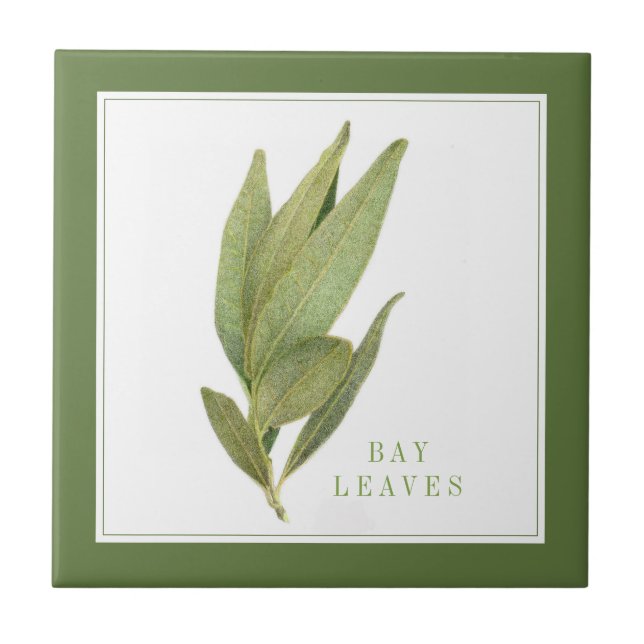 FRESH BAY LEAVES 4.25" Ceramic Tile (+text) Green (Front)