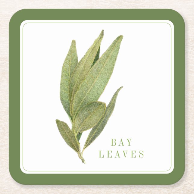 FRESH BAY LEAVES Square Paper Coasters +text Green (Front)