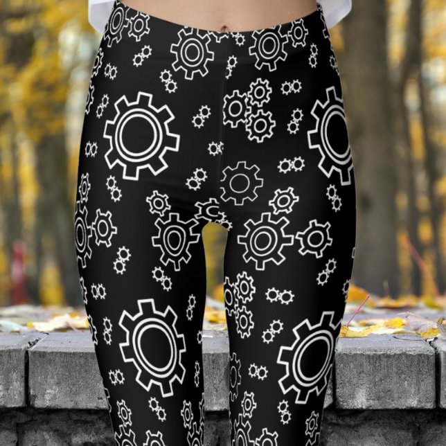 Fresh Black Cogs Pattern Leggings (Cogs on Black Leggings)