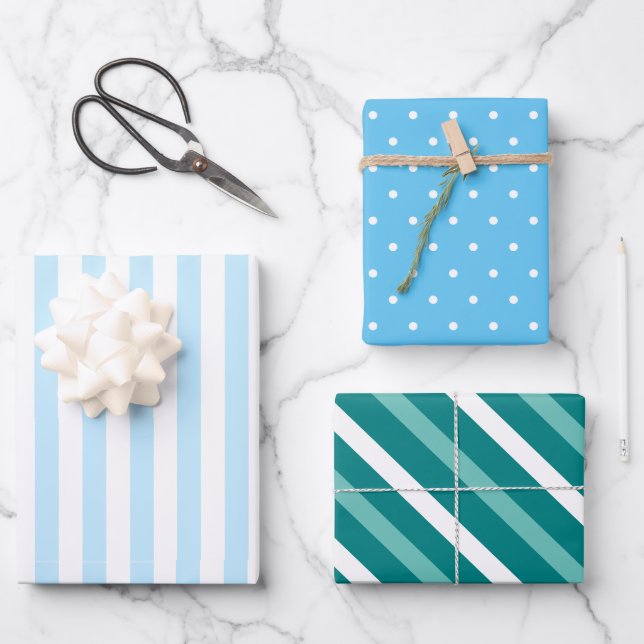 Fresh Blue White Stripes and Dots Wrapping Paper Sheets (Front)
