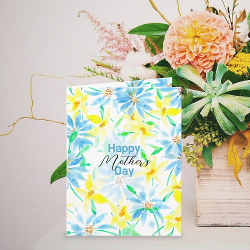 Fresh Blue Yellow Watercolor Flowers Mothers Day Card