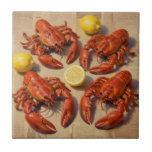 Fresh Boiled Lobster Lemon Newspaper Feast Ceramic Tile<br><div class="desc">Savor the irresistible allure of a classic seafood feast with this mouthwatering hyper-realistic illustration. Vibrant red boiled lobsters, glistening with freshness, are artfully arranged alongside bright yellow lemons—one whole, one sliced—on a rustic newspaper backdrop. The rich textures of shiny shells, juicy citrus, and subtle printed text create a nostalgic, coastal...</div>