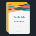Fresh Bold Colorful Stripes Summer Photo Save The Date<br><div class="desc">This bold and colorful Save the Date card features a funky striped pattern with yellow, teal, turquoise, navy and tangerine on the top, modern typography and your favorite image on the back on bold yellow background. You can change the color of all text elements and the background on the back...</div>