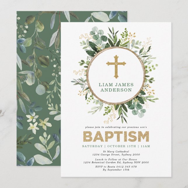Fresh Botanical Greenery Gold Neutral Baptism Invitation (Front/Back)