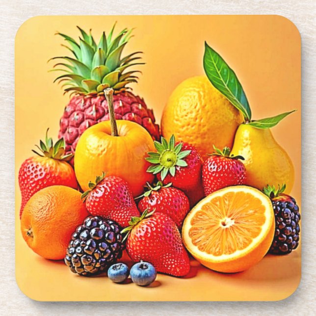 Fresh Bounty: Vibrant Fruit Harvest Design  Beverage Coaster (Front)