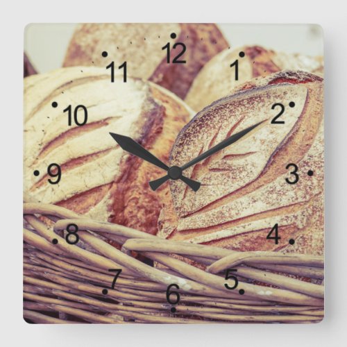 Fresh Bread Basket Kitchen Square Wall Clock