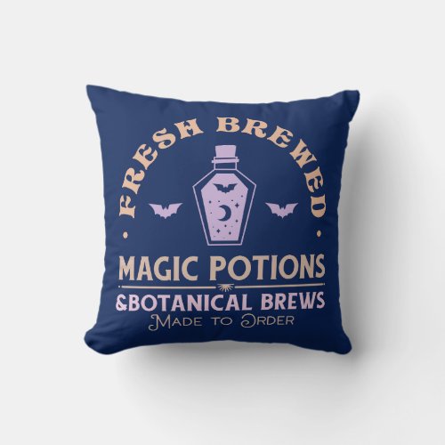 Fresh Brewed Magic Potions Witchy Blue Halloween Throw Pillow