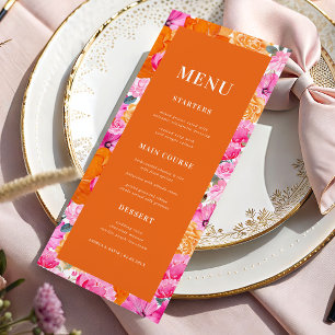 Fresh Bright Pink and Orange Floral Bloom Wedding Menu