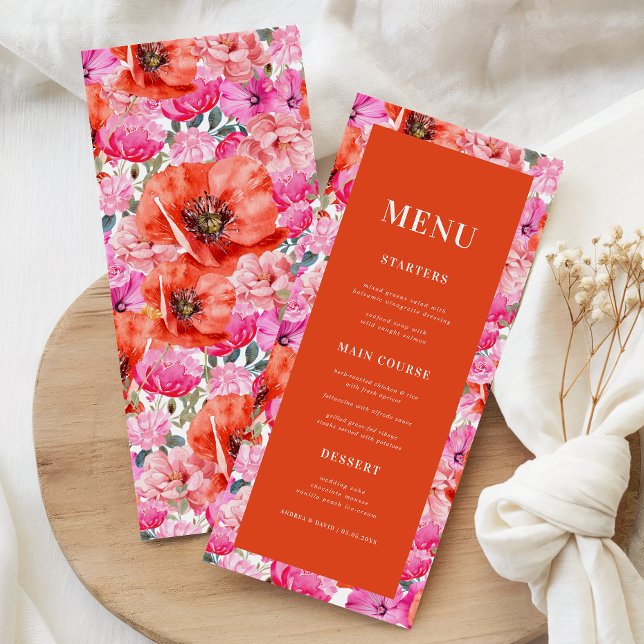 Fresh Bright Pink Red Poppy Floral Bloom Wedding Menu (Creator Uploaded)