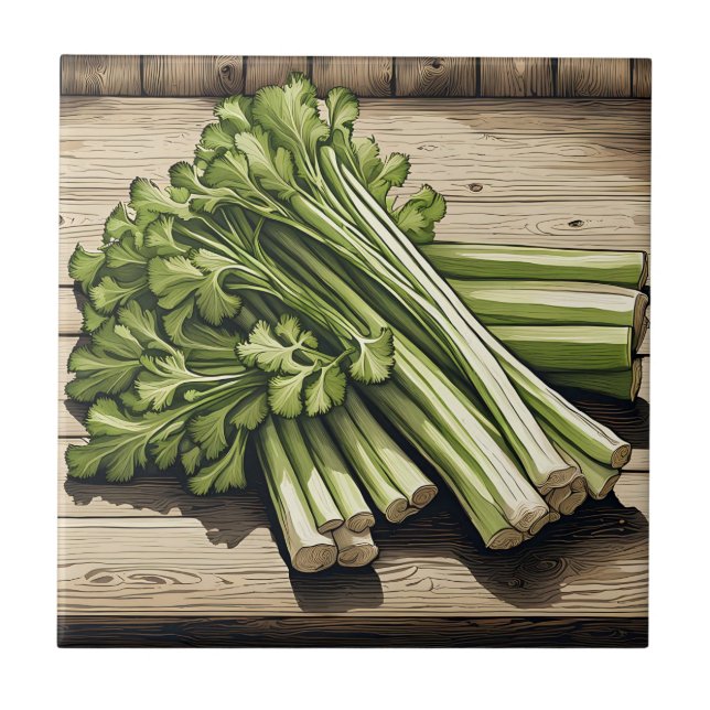 Fresh Celery Bunch on Wood Ceramic Tile (Front)