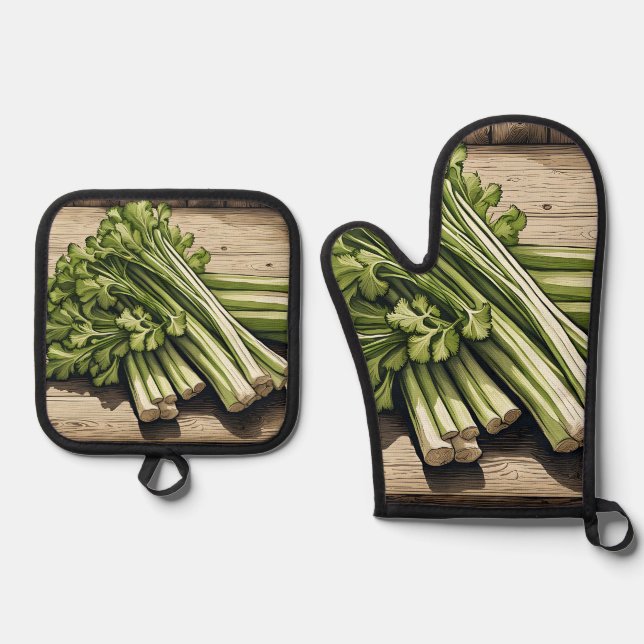 Fresh Celery Bunch on Wood Oven Mitt & Pot Holder Set (Front)