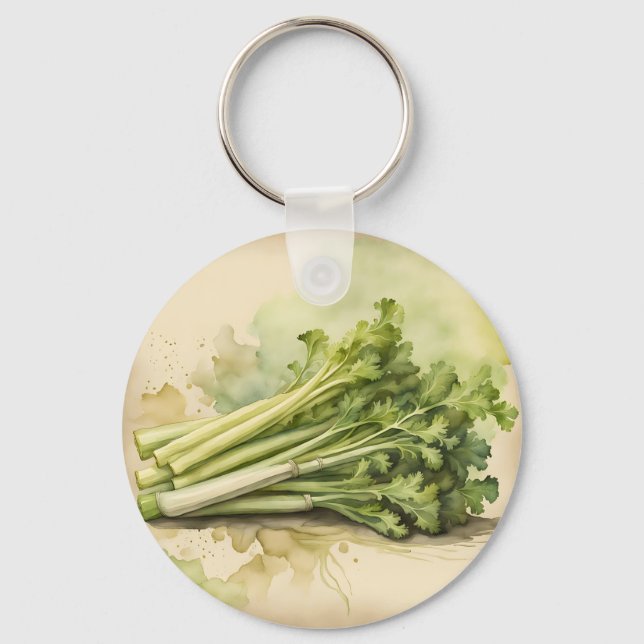Fresh Celery Bunch Watercolor Keychain (Front)