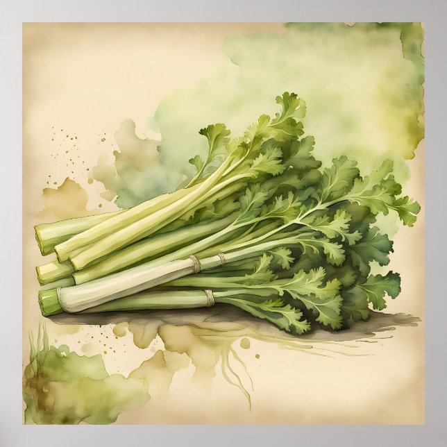 Fresh Celery Bunch Watercolor Poster (Front)