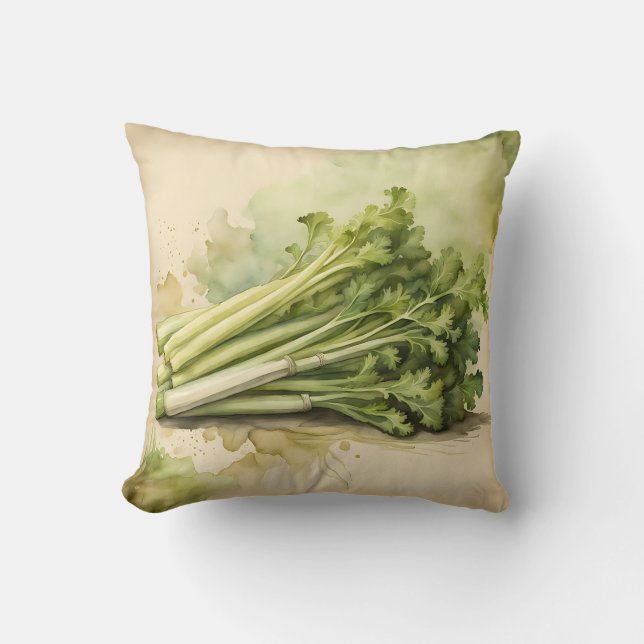 Fresh Celery Bunch Watercolor Throw Pillow (Front)