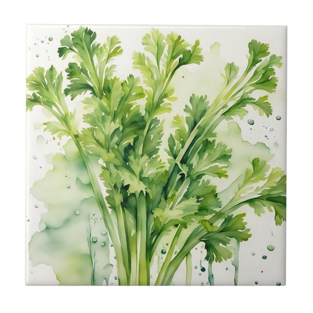 Fresh Celery Stalk Watercolor Botanical Ceramic Tile (Front)