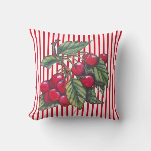 Fresh Cherry Design Red White Stripe Summer Decor Throw Pillow