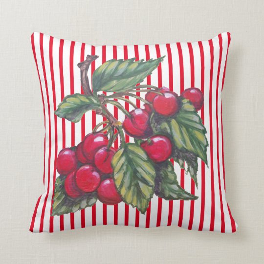 Fresh Cherry Design Red White Stripe Summer Decor Throw Pillow