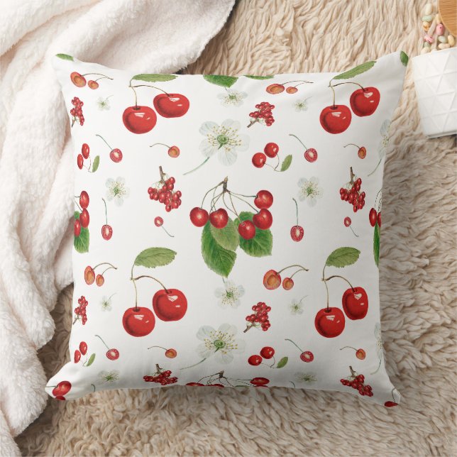 Fresh Cherry Harvest & Blossom Pattern Throw Pillow (Blanket)