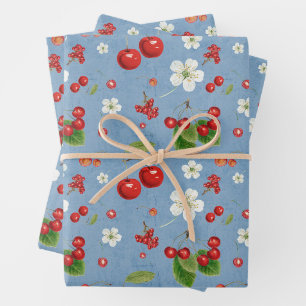 Fresh Cherry Harvest & Blossom Pattern Wrapping Paper Sheets