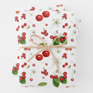 Fresh Cherry Harvest & Blossom Pattern Wrapping Paper Sheets